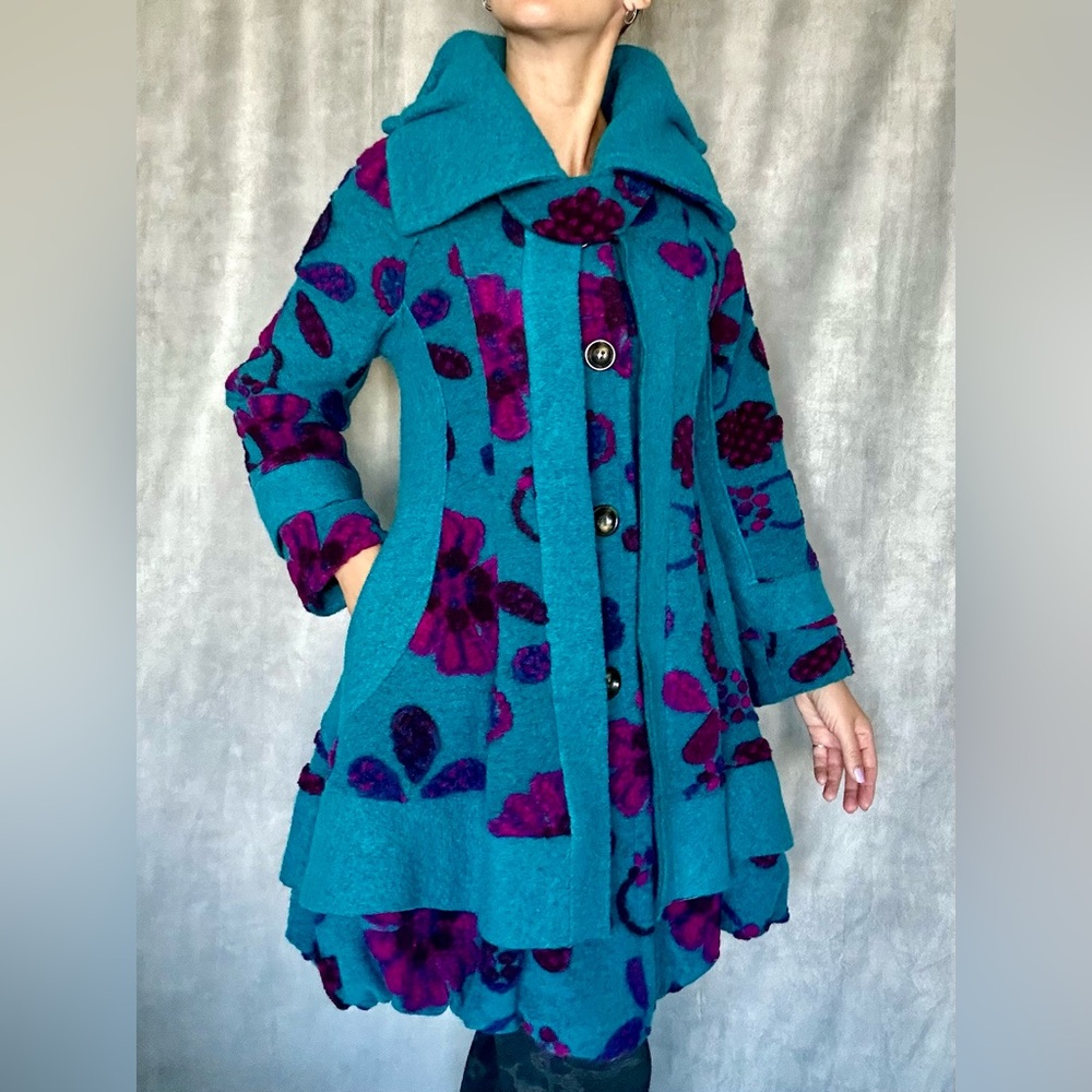 Trendy Floral Wool Coat, Colorful, Supeposer Japan, Made in Italy
